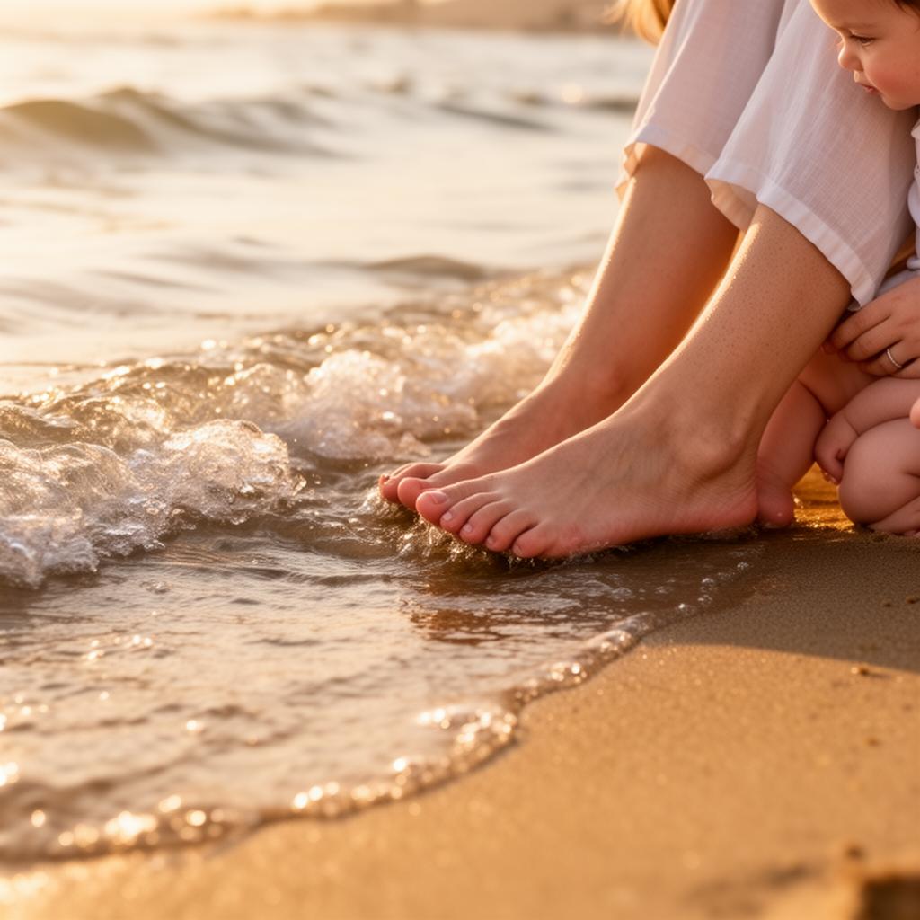 Maman et bébé pieds dans l'eau sur la plage au Pays Basque