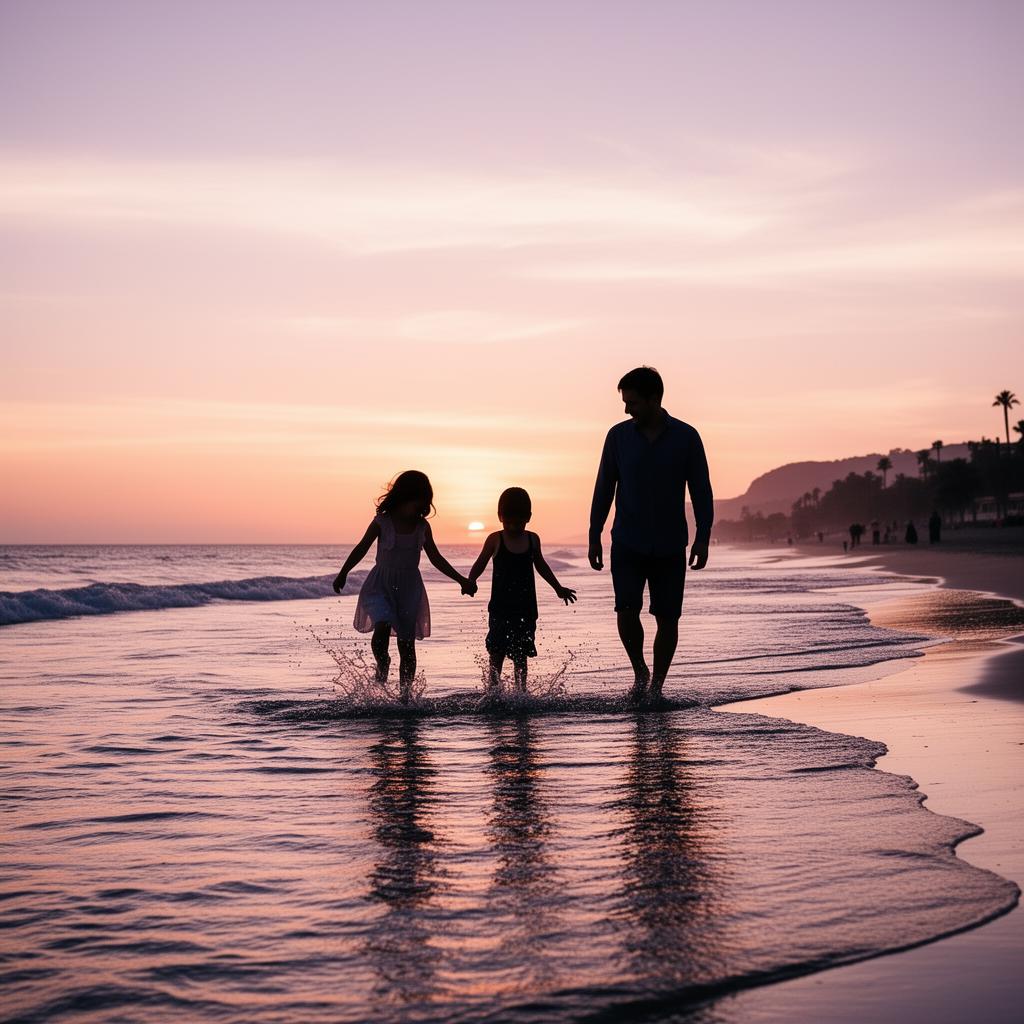 Famille marchant ensemble dans l'eau au coucher du soleil