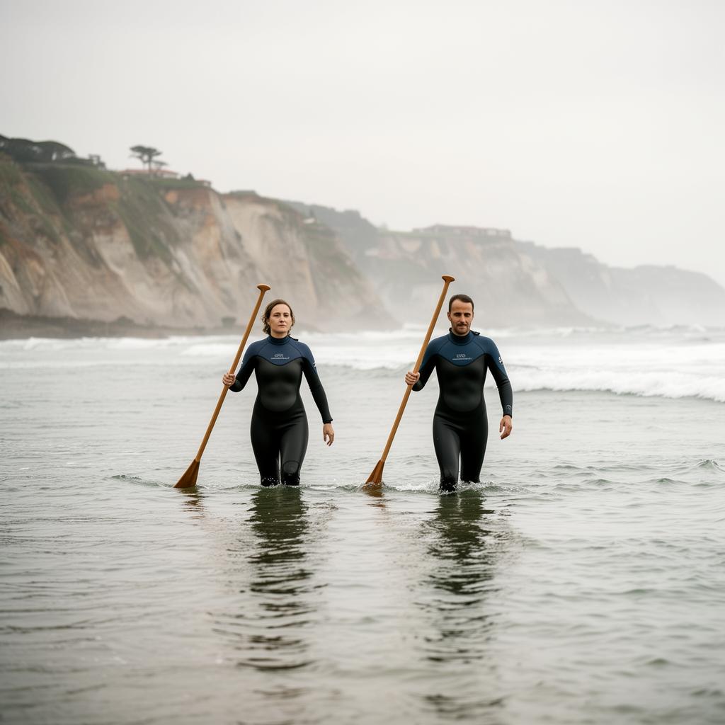 Couple pratiquant le longe-côte sur la côte basque