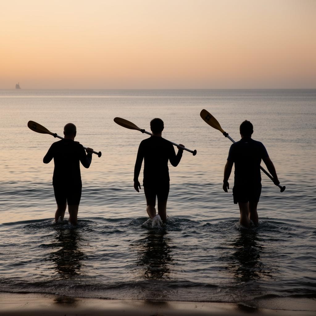 Pratiquants de longe-côte de dos au coucher du soleil