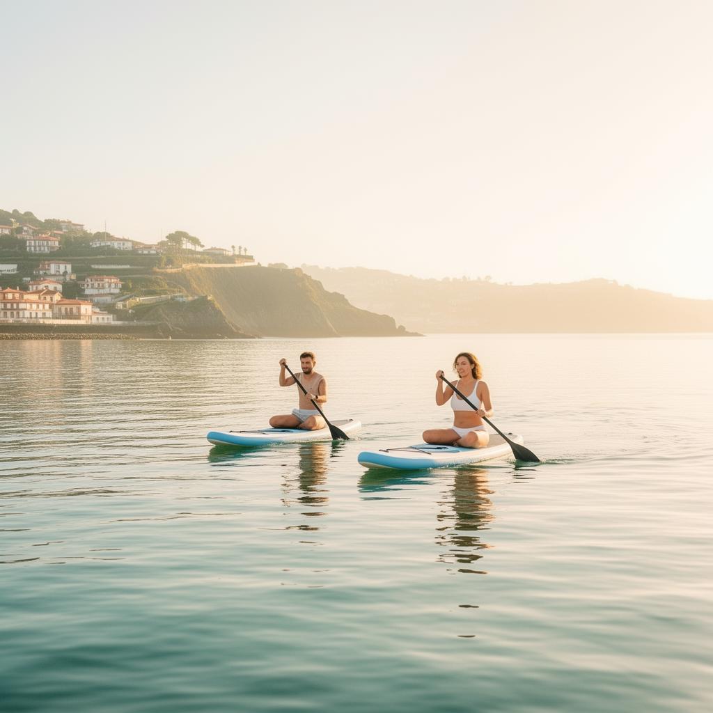 Couple en paddle au lever du soleil