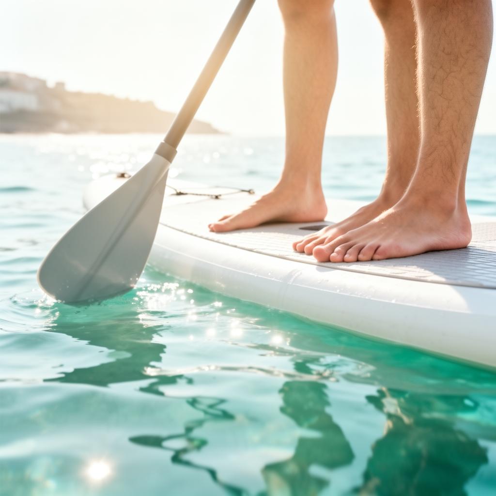 Détail des pieds sur un paddle dans l'eau claire