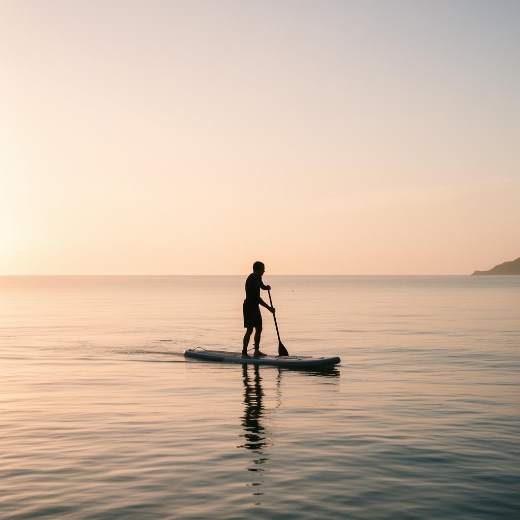 Silhouette d'un paddleur au coucher de soleil au Pays Basque